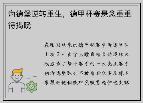 海德堡逆转重生，德甲杯赛悬念重重待揭晓